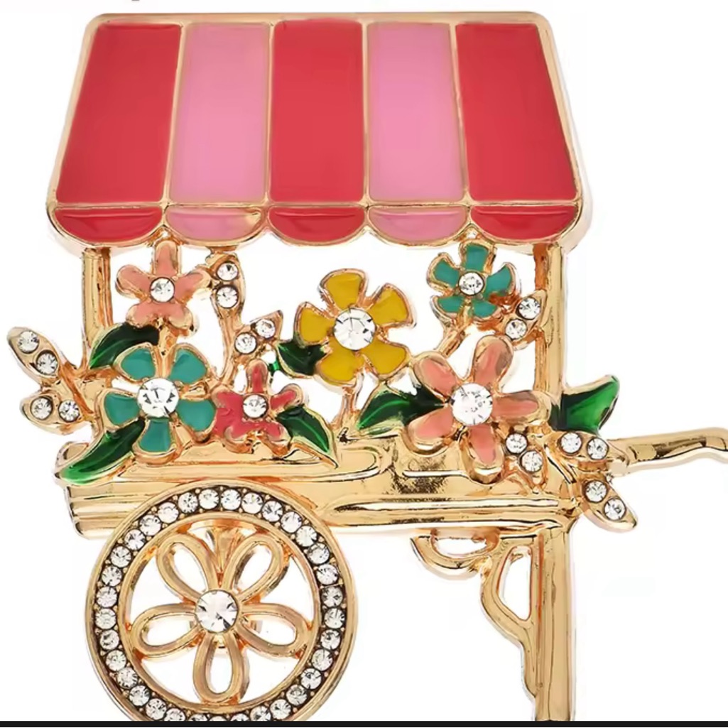 Flower Cart Brooch With Red And Pink Canopy